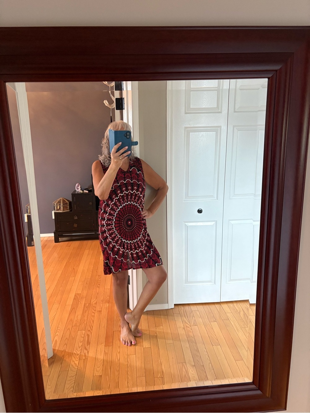 Sleeveless Red and Black Beach Dress with Mandala Print